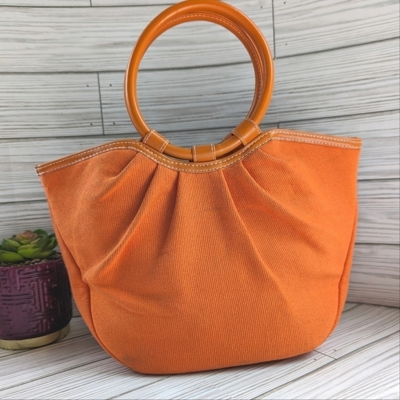 Neiman Marcus Vintage Canvas Mini Tote Bag with Round Handles in Orange - Picture 3 of 8